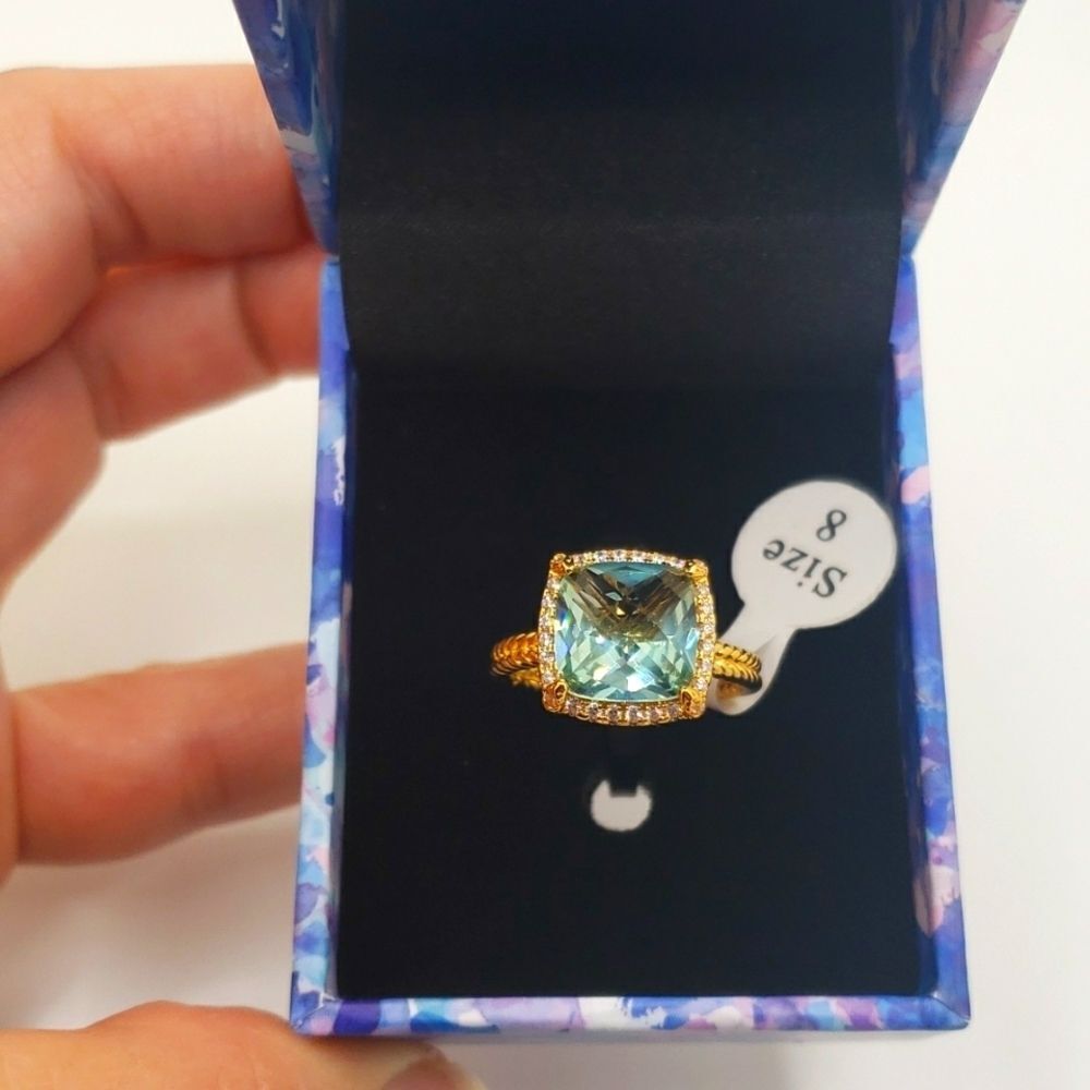𝅺Gold aqua cushion Cut halo engagement ring